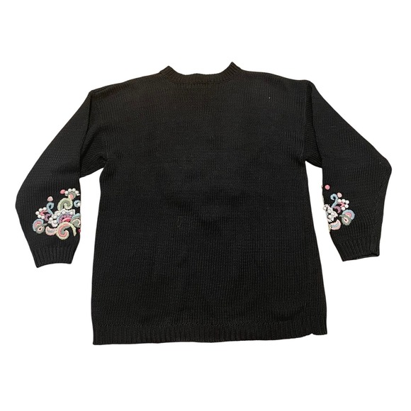 Vintage Sweater Rebecca Stone Black Pearl Embroidered Floral 90s Large - Picture 4 of 6